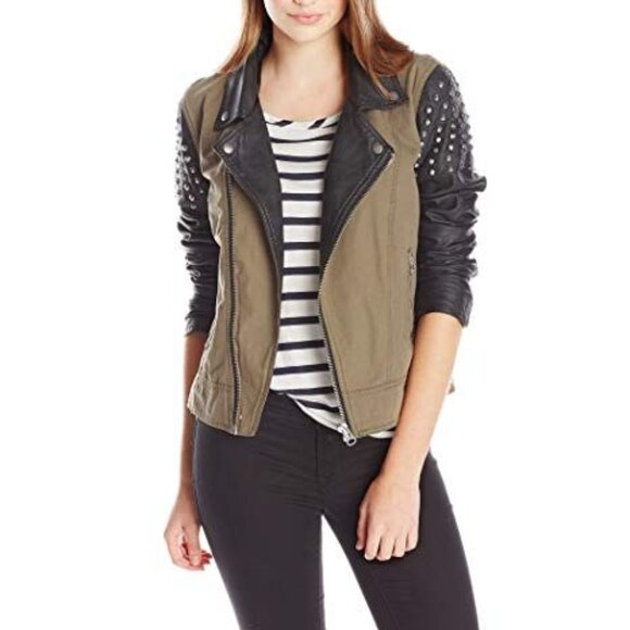 Volcom NEW Metallic Studs MOTO Jacket Faux Leather Sleeves Cotton Bomber Women's - Picture 3 of 17